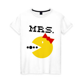 Женская футболка хлопок с принтом Миссис Pac-man (парная) в Новосибирске, 100% хлопок | прямой крой, круглый вырез горловины, длина до линии бедер, слегка спущенное плечо | 14 февраля | : парные | для двоих | миссис pac man