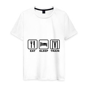 Мужская футболка хлопок с принтом Еда сон тренировки (Eat, Sleep, Train) в Новосибирске, 100% хлопок | прямой крой, круглый вырез горловины, длина до линии бедер, слегка спущенное плечо. | eat | sleep | train | еда | сон | спорт | тренировки