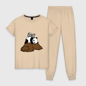 Женская пижама хлопок с принтом comfort bed - комфортный медведь в Новосибирске, 100% хлопок | брюки и футболка прямого кроя, без карманов, на брюках мягкая резинка на поясе и по низу штанин | панда