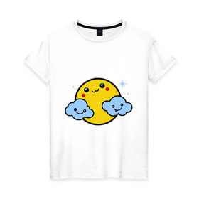 Женская футболка хлопок с принтом Солнышко с облаками в Новосибирске, 100% хлопок | прямой крой, круглый вырез горловины, длина до линии бедер, слегка спущенное плечо | позитив и смайлы | прикольные картинки | солнышко с облаками