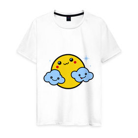 Мужская футболка хлопок с принтом Солнышко с облаками в Новосибирске, 100% хлопок | прямой крой, круглый вырез горловины, длина до линии бедер, слегка спущенное плечо. | Тематика изображения на принте: позитив и смайлы | прикольные картинки | солнышко с облаками