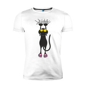 Мужская футболка премиум с принтом Висящий кот в Новосибирске, 92% хлопок, 8% лайкра | приталенный силуэт, круглый вырез ворота, длина до линии бедра, короткий рукав | висящий кот | когти | котик | котяра | кошки | милый кот | повис | черный кот