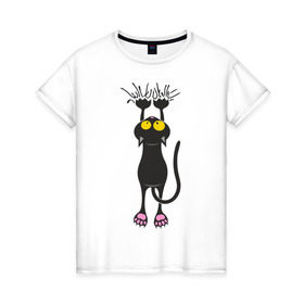 Женская футболка хлопок с принтом Висящий кот в Новосибирске, 100% хлопок | прямой крой, круглый вырез горловины, длина до линии бедер, слегка спущенное плечо | Тематика изображения на принте: висящий кот | когти | котик | котяра | кошки | милый кот | повис | черный кот