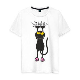 Мужская футболка хлопок с принтом Висящий кот в Новосибирске, 100% хлопок | прямой крой, круглый вырез горловины, длина до линии бедер, слегка спущенное плечо. | висящий кот | когти | котик | котяра | кошки | милый кот | повис | черный кот