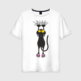 Женская футболка хлопок Oversize с принтом Висящий кот в Новосибирске, 100% хлопок | свободный крой, круглый ворот, спущенный рукав, длина до линии бедер
 | висящий кот | когти | котик | котяра | кошки | милый кот | повис | черный кот