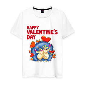 Мужская футболка хлопок с принтом Ёжики с сердечками в Новосибирске, 100% хлопок | прямой крой, круглый вырез горловины, длина до линии бедер, слегка спущенное плечо. | влюбленные ежики | день святого валентина | ежики | ёжики с сердечками | идеи подарков | любовь | сердечки