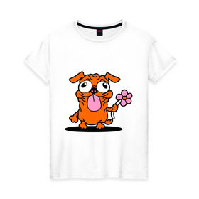 Женская футболка хлопок с принтом собачка с цветочком в Новосибирске, 100% хлопок | прямой крой, круглый вырез горловины, длина до линии бедер, слегка спущенное плечо | животное | любовь | милый песик | песик | собачка с цветочком | цветок