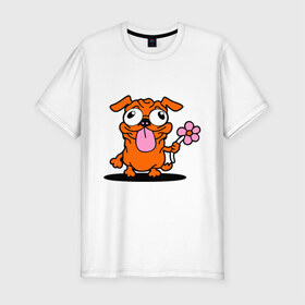Мужская футболка премиум с принтом собачка с цветочком в Новосибирске, 92% хлопок, 8% лайкра | приталенный силуэт, круглый вырез ворота, длина до линии бедра, короткий рукав | животное | любовь | милый песик | песик | собачка с цветочком | цветок