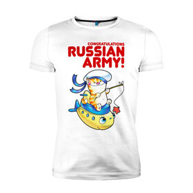 Мужская футболка премиум с принтом Кот подводник в Новосибирске, 92% хлопок, 8% лайкра | приталенный силуэт, круглый вырез ворота, длина до линии бедра, короткий рукав | 23 февраля | идеи подарков | кот подводник | котик | моряк