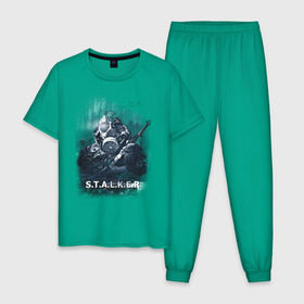 Мужская пижама хлопок с принтом STALKER в Новосибирске, 100% хлопок | брюки и футболка прямого кроя, без карманов, на брюках мягкая резинка на поясе и по низу штанин
 | shooter | stalker | постапокалиптические | припять | радиация | сталкер | чернобыль | шутер