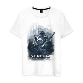 Мужская футболка хлопок с принтом STALKER в Новосибирске, 100% хлопок | прямой крой, круглый вырез горловины, длина до линии бедер, слегка спущенное плечо. | shooter | stalker | постапокалиптические | припять | радиация | сталкер | чернобыль | шутер