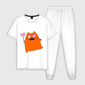 Мужская пижама хлопок с принтом кот с сердечками парная мужская в Новосибирске, 100% хлопок | брюки и футболка прямого кроя, без карманов, на брюках мягкая резинка на поясе и по низу штанин
 | 14 февраля | для двоих | кот с сердечками парная мужская | парные