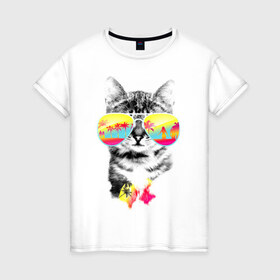 Женская футболка хлопок с принтом Солнечный кот в Новосибирске, 100% хлопок | прямой крой, круглый вырез горловины, длина до линии бедер, слегка спущенное плечо | киска | кот | лето | отпуск | очки | пляж | солнечный кот | турист