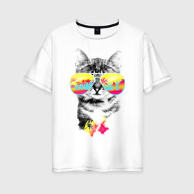 Женская футболка хлопок Oversize с принтом Солнечный кот в Новосибирске, 100% хлопок | свободный крой, круглый ворот, спущенный рукав, длина до линии бедер
 | киска | кот | лето | отпуск | очки | пляж | солнечный кот | турист