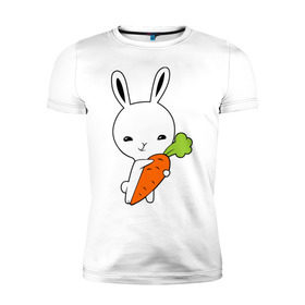 Мужская футболка премиум с принтом Зайчик с морковкой в Новосибирске, 92% хлопок, 8% лайкра | приталенный силуэт, круглый вырез ворота, длина до линии бедра, короткий рукав | Тематика изображения на принте: животные | зайка | зайчик | зайчик с морковкой | морковка