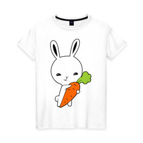 Женская футболка хлопок с принтом Зайчик с морковкой в Новосибирске, 100% хлопок | прямой крой, круглый вырез горловины, длина до линии бедер, слегка спущенное плечо | животные | зайка | зайчик | зайчик с морковкой | морковка