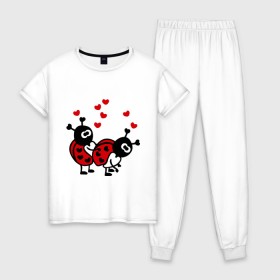 Женская пижама хлопок с принтом Влюбленные букашки в Новосибирске, 100% хлопок | брюки и футболка прямого кроя, без карманов, на брюках мягкая резинка на поясе и по низу штанин | влюбленные букашки