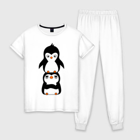 Женская пижама хлопок с принтом Пингвины в Новосибирске, 100% хлопок | брюки и футболка прямого кроя, без карманов, на брюках мягкая резинка на поясе и по низу штанин | Тематика изображения на принте: 14 февраля | влюбленным | пингвины | прикольные картинки
