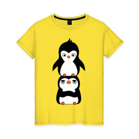Женская футболка хлопок с принтом Пингвины в Новосибирске, 100% хлопок | прямой крой, круглый вырез горловины, длина до линии бедер, слегка спущенное плечо | Тематика изображения на принте: 14 февраля | влюбленным | пингвины | прикольные картинки