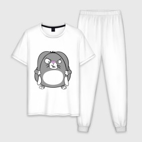 Мужская пижама хлопок с принтом Толстый заяц в Новосибирске, 100% хлопок | брюки и футболка прямого кроя, без карманов, на брюках мягкая резинка на поясе и по низу штанин
 | животные | зайка | злой заяц | серый заяц | толстый заяц