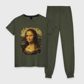 Женская пижама хлопок с принтом Mona Lisa в Новосибирске, 100% хлопок | брюки и футболка прямого кроя, без карманов, на брюках мягкая резинка на поясе и по низу штанин | mona lisa | леонардо да винчи | мозаика | мона лиза | фреска