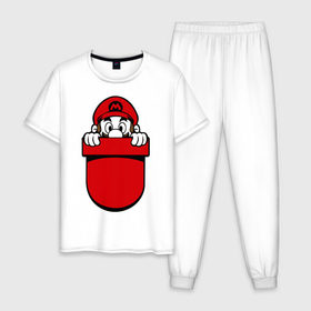 Мужская пижама хлопок с принтом Марио в кармане в Новосибирске, 100% хлопок | брюки и футболка прямого кроя, без карманов, на брюках мягкая резинка на поясе и по низу штанин
 | nintendo | марио | нинтендо