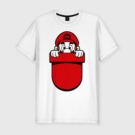 Мужская футболка премиум с принтом Марио в кармане в Новосибирске, 92% хлопок, 8% лайкра | приталенный силуэт, круглый вырез ворота, длина до линии бедра, короткий рукав | nintendo | марио | нинтендо