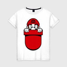 Женская футболка хлопок с принтом Марио в кармане в Новосибирске, 100% хлопок | прямой крой, круглый вырез горловины, длина до линии бедер, слегка спущенное плечо | nintendo | марио | нинтендо