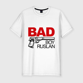 Мужская футболка премиум с принтом Плохой мальчик Руслан в Новосибирске, 92% хлопок, 8% лайкра | приталенный силуэт, круглый вырез ворота, длина до линии бедра, короткий рукав | rus | ruslan | имена | имя | мальчик | парень | рус | руслан