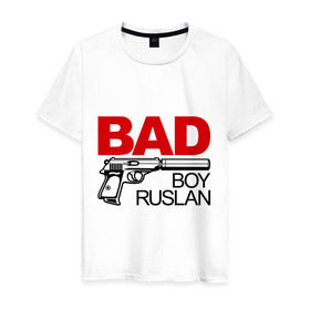 Мужская футболка хлопок с принтом Плохой мальчик Руслан в Новосибирске, 100% хлопок | прямой крой, круглый вырез горловины, длина до линии бедер, слегка спущенное плечо. | Тематика изображения на принте: rus | ruslan | имена | имя | мальчик | парень | рус | руслан