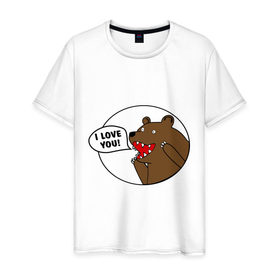 Мужская футболка хлопок с принтом Медведь - я люблю тебя в Новосибирске, 100% хлопок | прямой крой, круглый вырез горловины, длина до линии бедер, слегка спущенное плечо. | i | love | you | люблю | любовь | медвед | медведь