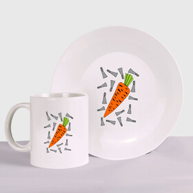 Набор: тарелка + кружка с принтом морковка и кролик парная в Новосибирске, керамика | Кружка: объем — 330 мл, диаметр — 80 мм. Принт наносится на бока кружки, можно сделать два разных изображения. 
Тарелка: диаметр - 210 мм, диаметр для нанесения принта - 120 мм. | Тематика изображения на принте: 14 февраля | все | день святого валентина | для двоих | идеи подарков | морковка и кролик | парные
