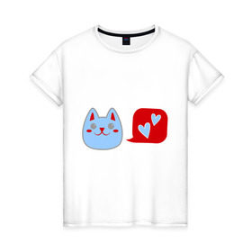 Женская футболка хлопок с принтом Любящий котейка в Новосибирске, 100% хлопок | прямой крой, круглый вырез горловины, длина до линии бедер, слегка спущенное плечо | кошки | любовь | любящий котейка | мурка | сердечки