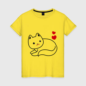 Женская футболка хлопок с принтом Ласковый котик в Новосибирске, 100% хлопок | прямой крой, круглый вырез горловины, длина до линии бедер, слегка спущенное плечо | 