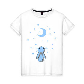 Женская футболка хлопок с принтом Зайчик в Новосибирске, 100% хлопок | прямой крой, круглый вырез горловины, длина до линии бедер, слегка спущенное плечо | белый зайка | животные | зайка | зайчик | зима | месяц | милый | снежок