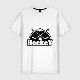 Мужская футболка премиум с принтом Hockey (Хоккей) в Новосибирске, 92% хлопок, 8% лайкра | приталенный силуэт, круглый вырез ворота, длина до линии бедра, короткий рукав | hockey | клюшка | лед | спорт | стадион | хоккей | шайба