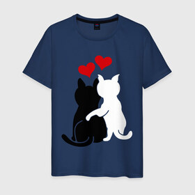 Мужская футболка хлопок с принтом Кот и кошка в Новосибирске, 100% хлопок | прямой крой, круглый вырез горловины, длина до линии бедер, слегка спущенное плечо. | день святого валентина | идеи подарков | кот и кошка | котята | кошки | любовь | прикольные картинки | сердечки