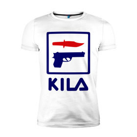 Мужская футболка премиум с принтом Kila в Новосибирске, 92% хлопок, 8% лайкра | приталенный силуэт, круглый вырез ворота, длина до линии бедра, короткий рукав | 23 февраля | kila | выстрел | нож | пистолет | угроза