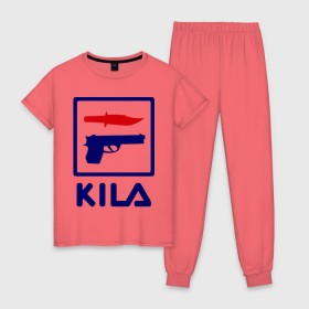 Женская пижама хлопок с принтом Kila в Новосибирске, 100% хлопок | брюки и футболка прямого кроя, без карманов, на брюках мягкая резинка на поясе и по низу штанин | 23 февраля | kila | выстрел | нож | пистолет | угроза