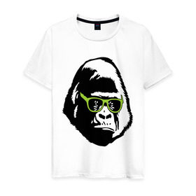 Мужская футболка хлопок с принтом Горилла в очках в Новосибирске, 100% хлопок | прямой крой, круглый вырез горловины, длина до линии бедер, слегка спущенное плечо. | Тематика изображения на принте: гаврила | горилла в очках | животные | обезьяна | прикольные картинки