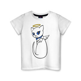 Детская футболка хлопок с принтом Кошечка ангел в Новосибирске, 100% хлопок | круглый вырез горловины, полуприлегающий силуэт, длина до линии бедер | крылья