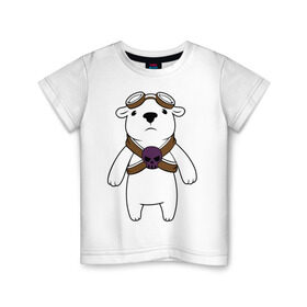 Детская футболка хлопок с принтом Белый мишка парашютист в Новосибирске, 100% хлопок | круглый вырез горловины, полуприлегающий силуэт, длина до линии бедер | Тематика изображения на принте: белый медведь | белый мишка парашютист | животные | кости | мишка | череп