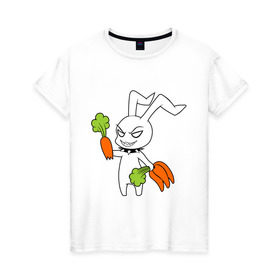 Женская футболка хлопок с принтом Злой зайчик в Новосибирске, 100% хлопок | прямой крой, круглый вырез горловины, длина до линии бедер, слегка спущенное плечо | животные | зайка | злой зайчик | кролик | морковка | прикольные картинки