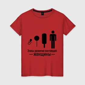 Женская футболка хлопок с принтом Этапы развития женщины в Новосибирске, 100% хлопок | прямой крой, круглый вырез горловины, длина до линии бедер, слегка спущенное плечо | женщина | конфетка | леденец | мальчик | мороженое | настоящая женщина | парень | соска | этапы развития женщины