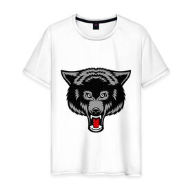 Мужская футболка хлопок с принтом Безжалостный волк в Новосибирске, 100% хлопок | прямой крой, круглый вырез горловины, длина до линии бедер, слегка спущенное плечо. | безжалостный волк | вол | животные | зубы | прикольные картинки | серый