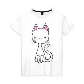 Женская футболка хлопок с принтом Белая кошечка в Новосибирске, 100% хлопок | прямой крой, круглый вырез горловины, длина до линии бедер, слегка спущенное плечо | белая кошечка | женские | котик | кошки | милая кошка | светящиеся рисунки