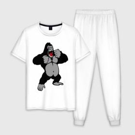 Мужская пижама хлопок с принтом Злая горилла в Новосибирске, 100% хлопок | брюки и футболка прямого кроя, без карманов, на брюках мягкая резинка на поясе и по низу штанин
 | горилла | животные | злая горилла | обезьяна