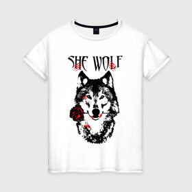Женская футболка хлопок с принтом Модный дизайн - Настоящая Волчица в Новосибирске, 100% хлопок | прямой крой, круглый вырез горловины, длина до линии бедер, слегка спущенное плечо | волк | волки | модный дизайн | настоящая волчица | прикольные картинки | роза | серый | цветы