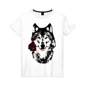 Женская футболка хлопок с принтом Модный дизайн - Волк и Роза в Новосибирске, 100% хлопок | прямой крой, круглый вырез горловины, длина до линии бедер, слегка спущенное плечо | волки | модный дизайн   волк и роза | прикольные картинки | роза | цветы