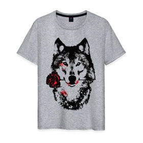 Мужская футболка хлопок с принтом Модный дизайн - Волк и Роза в Новосибирске, 100% хлопок | прямой крой, круглый вырез горловины, длина до линии бедер, слегка спущенное плечо. | Тематика изображения на принте: волки | модный дизайн   волк и роза | прикольные картинки | роза | цветы